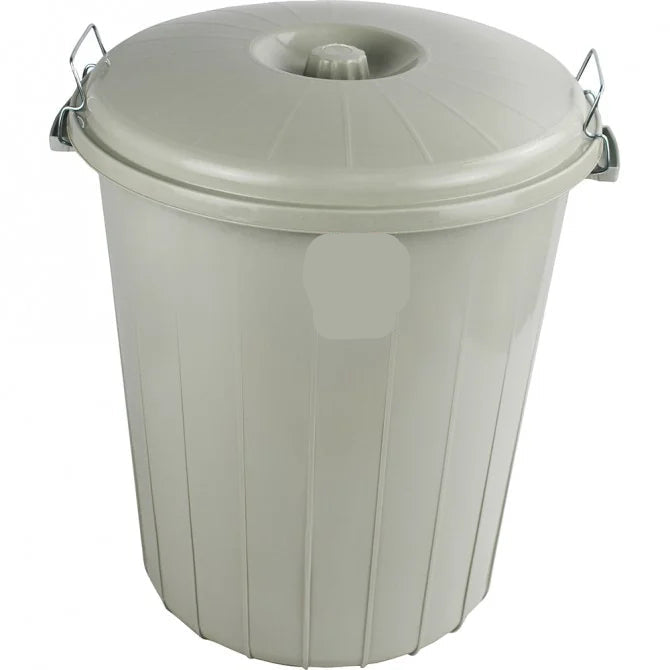 Large 50L grey rubbish bin with locking lid and metal locks, ideal for secure storage indoors or outdoors.