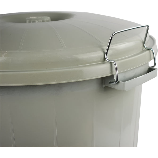 Close-up of a grey 50L rubbish bin with a locking lid and metal handles for secure transport and easy handling.