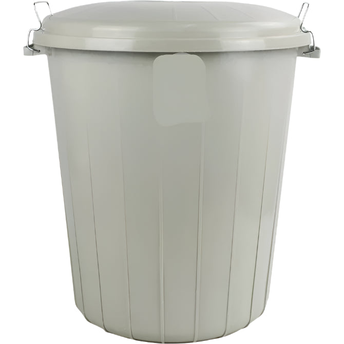 Large 50L grey rubbish bin with locking lid, made of food-grade recycled plastic, for secure waste storage.