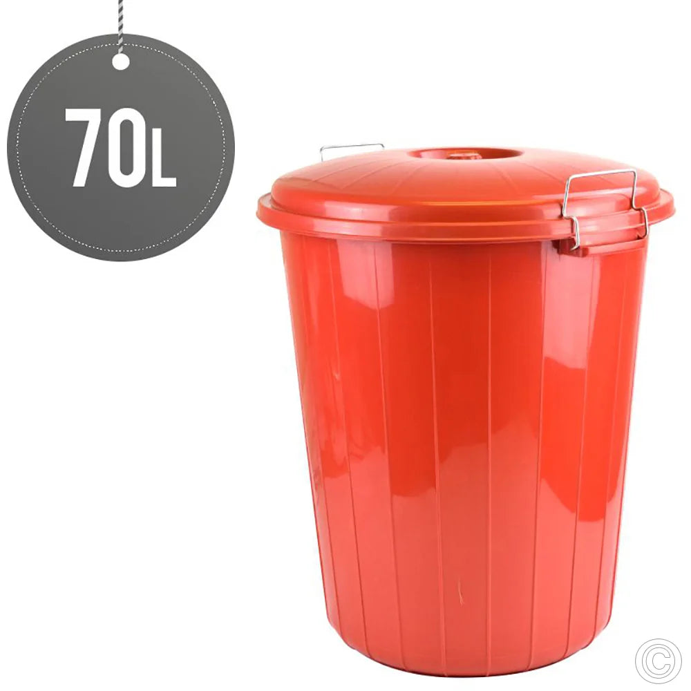 70L red rubbish bin with a weather-resistant locking lid and metal locks for secure storage.
