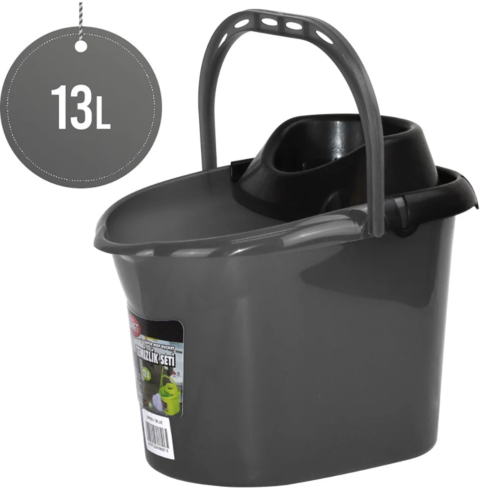 Plastic Mop Bucket With Detachable Strainer 13L Planet Grey, durable plastic construction, 13L capacity, suitable for commercial and residential use.
