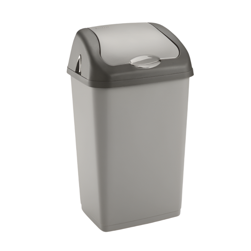 Plastic swing bin 60L for home and kitchen waste, gray, with swing lid and high-performance plastic construction.