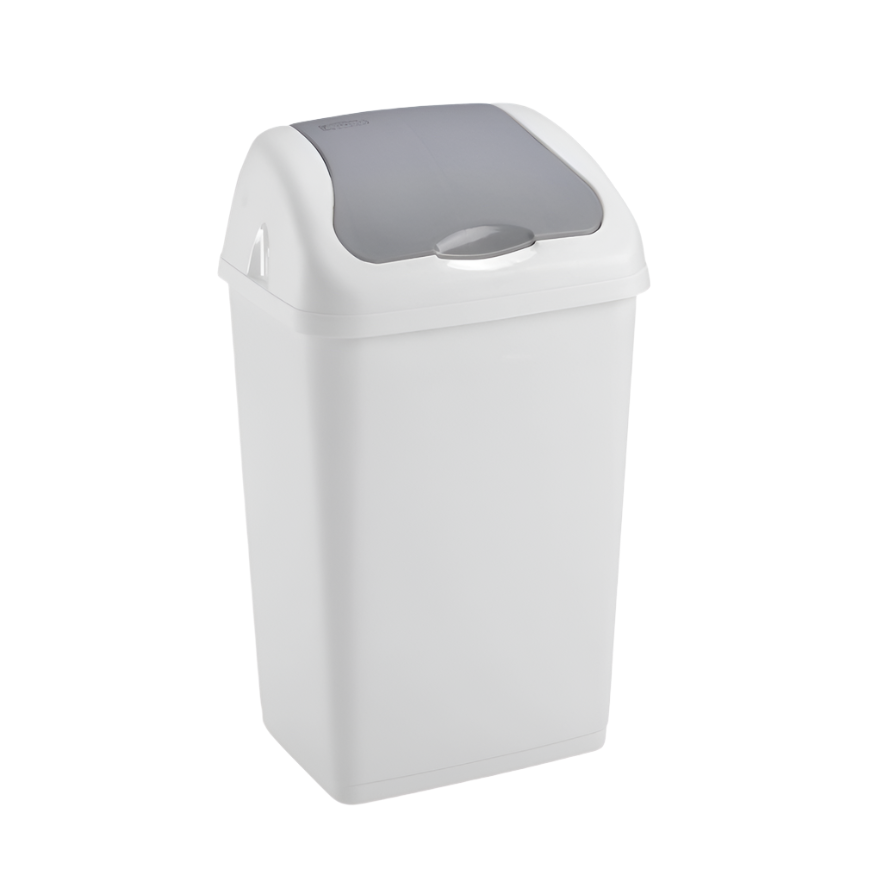 Plastic swing bin 60L with a gray lid for home and kitchen waste management.
