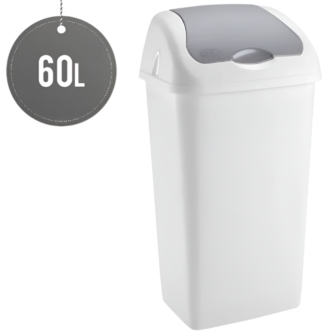 Plastic swing bin, 60L capacity, designed for home and kitchen waste disposal, with a gray lid and matte finish.
