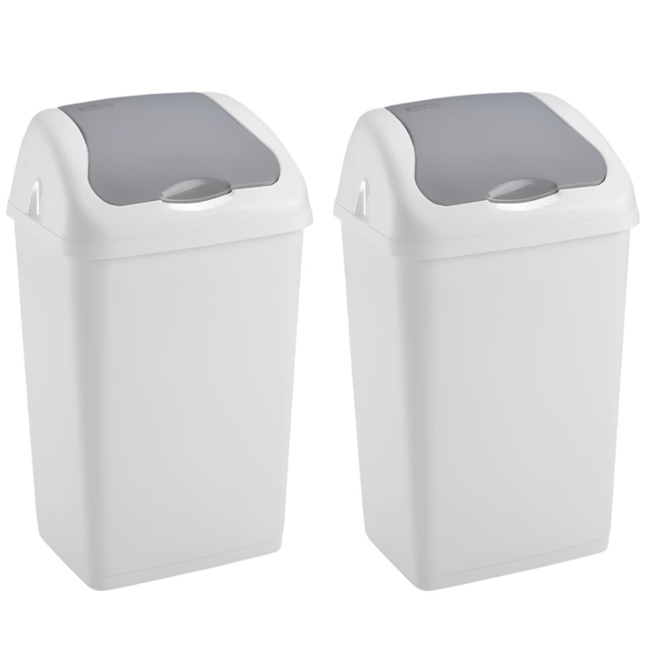 Plastic swing bin set for home and kitchen, 2x 35L waste containers with swing lids, white and gray.