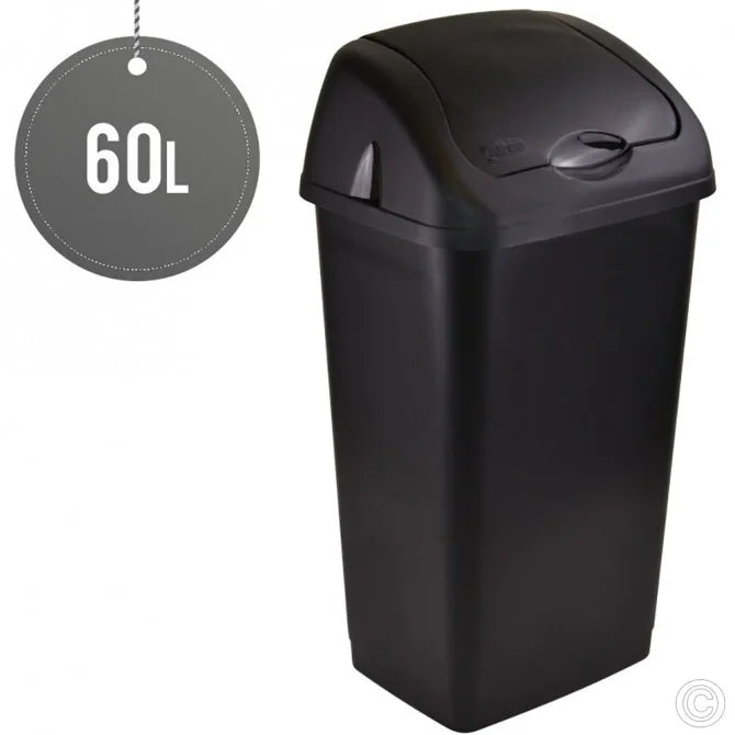 Plastic swing bin for waste, 60L capacity, black color, with removable lid for easy access and insect protection.