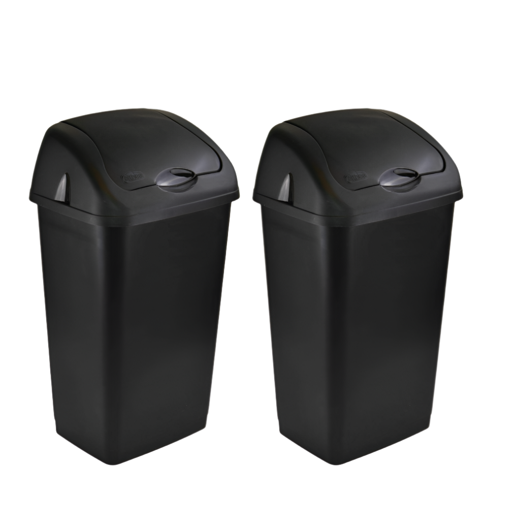 Plastic swing bin waste bin, black, pack of 2, 2x60L, removable lid, kitchen or home use, durable material.