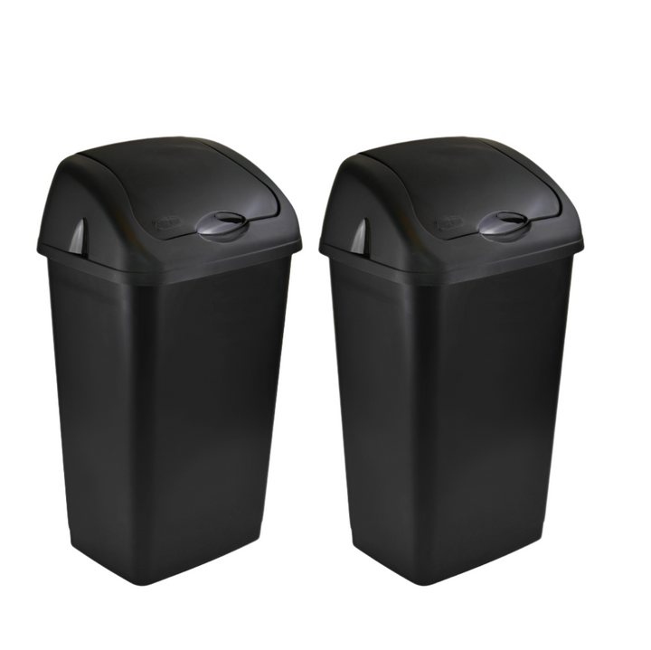 Plastic swing bin waste bin, black, pack of 2, 2x60L, removable lid, kitchen or home use, durable material.