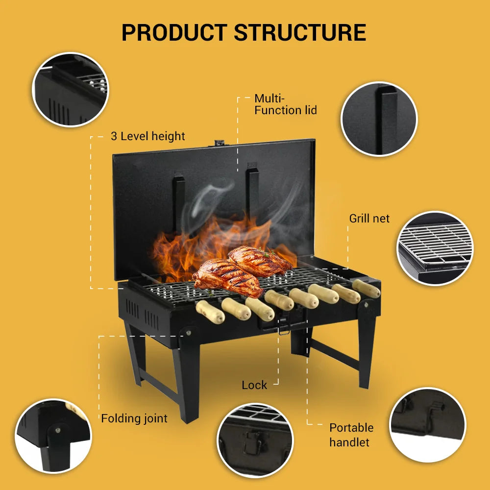 Diagram of a portable 46cm barbecue with features: multi-function lid, grill net, locking system, foldable legs, and portable handle.