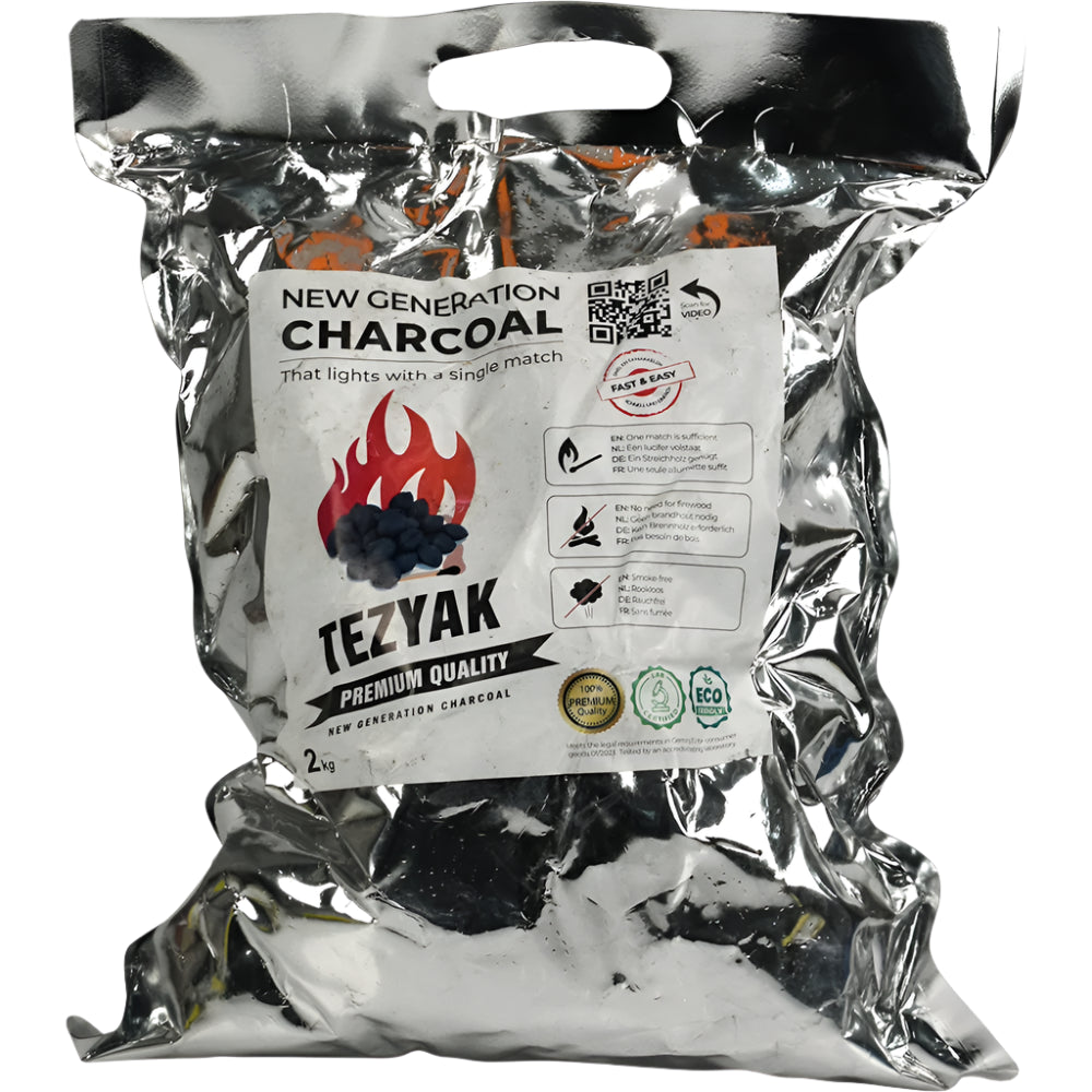 2kg bag of Tezyak premium quality charcoal for instant lighting, suitable for all grills and food types.