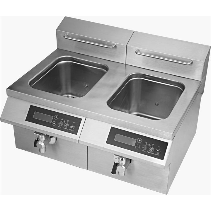 Stainless steel kitchen sink with two basins and control panels on a white background