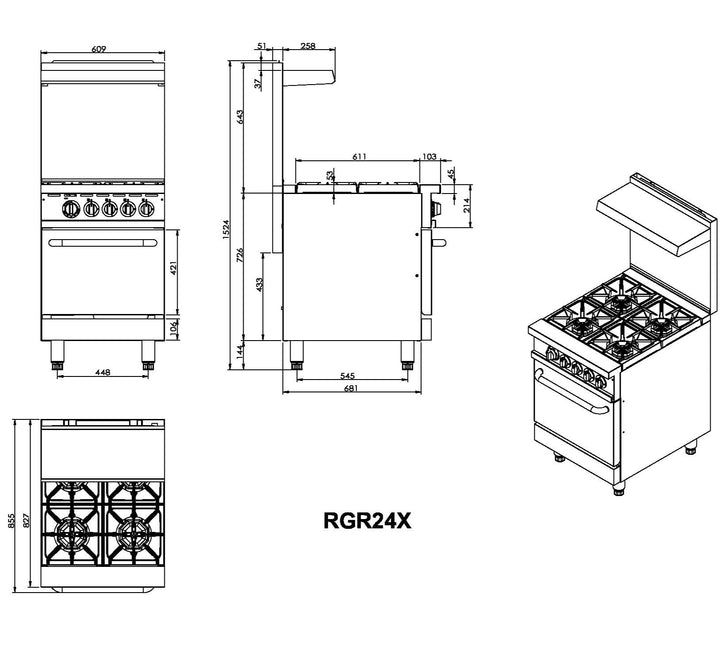 KRD Professional Gas range 4 burners 24kW Gas oven 8kW Upstand and Overshelf