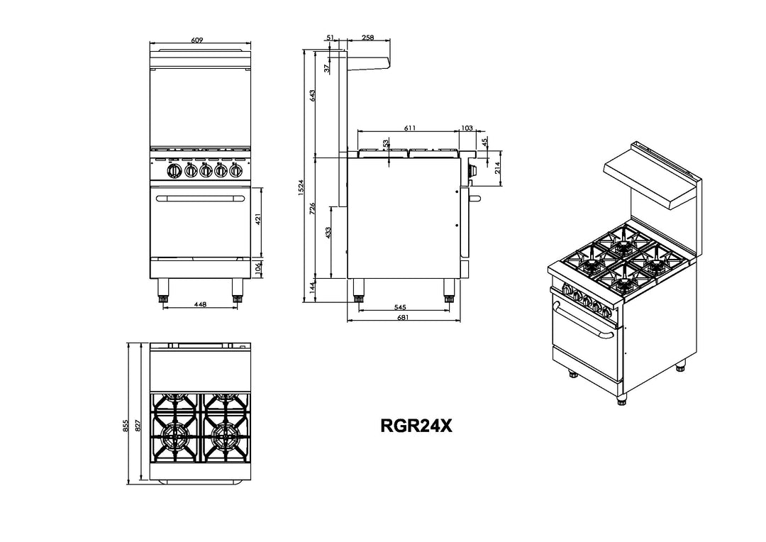 KRD Professional Stainless Steel Gas Range Oven (8kW/hr) with 6 Burners (36kW/hr) and Removable Overshelf