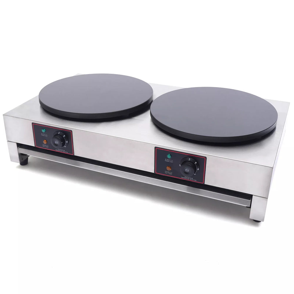 KRD Commercial Double Electric Crepe Maker 2x 400mm Plates CG2 with stainless steel body and dual cooking plates for efficient crepe making.