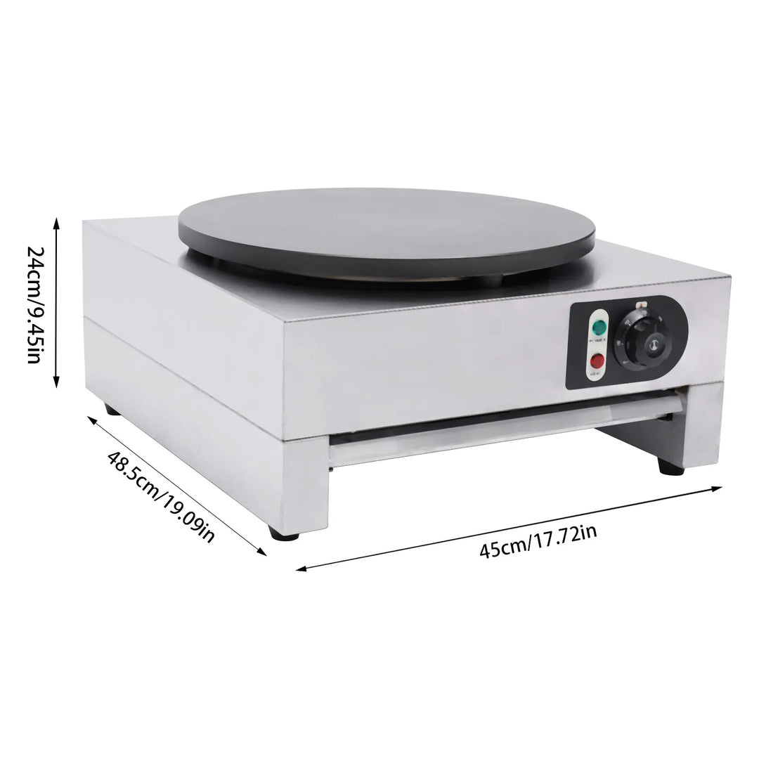 KRD Commercial Electric Crepe Maker 400mm Single 3kW Plate SZ1E with dimensions and smooth cooking surface.