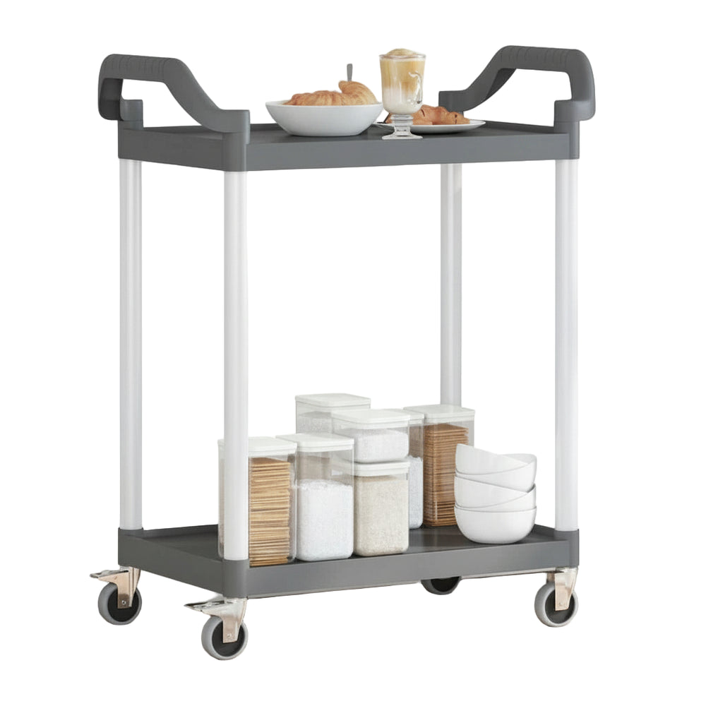 KRD 2 Tier Mobile Shelf Trolley 790mm Heavy Duty Service Cart with deep trays for transporting kitchen items.