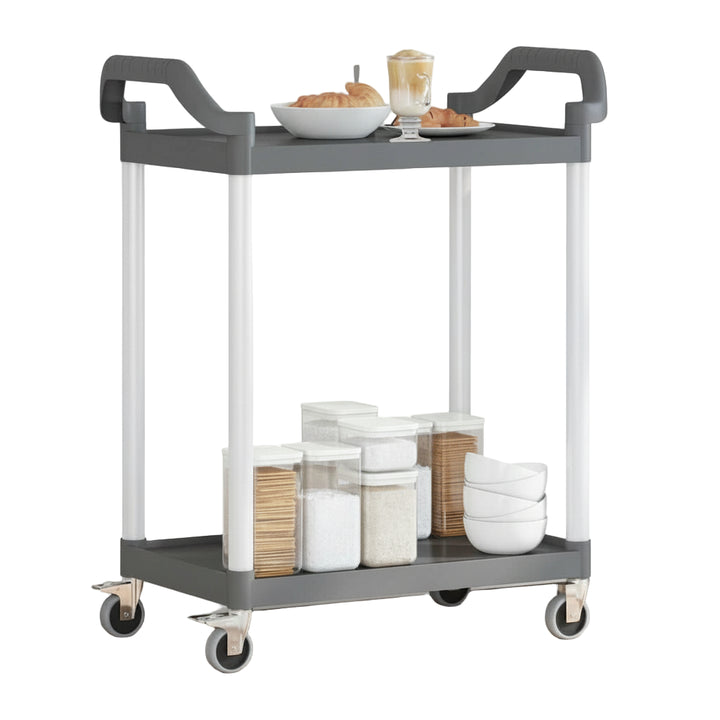KRD 2 Tier Mobile Shelf Trolley 790mm Heavy Duty Service Cart with deep trays for transporting kitchen items.