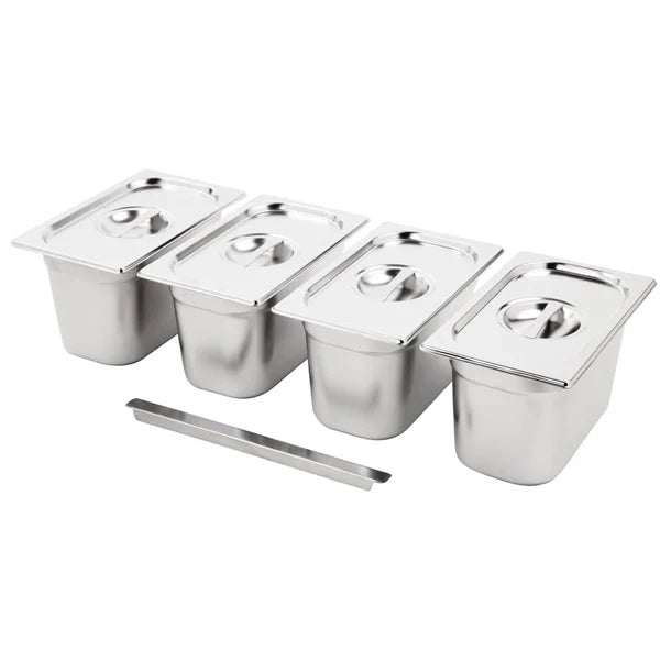 Stainless Steel Gastronorm Pan GN 1/4 Depth 150mm Set of 4 with Lids