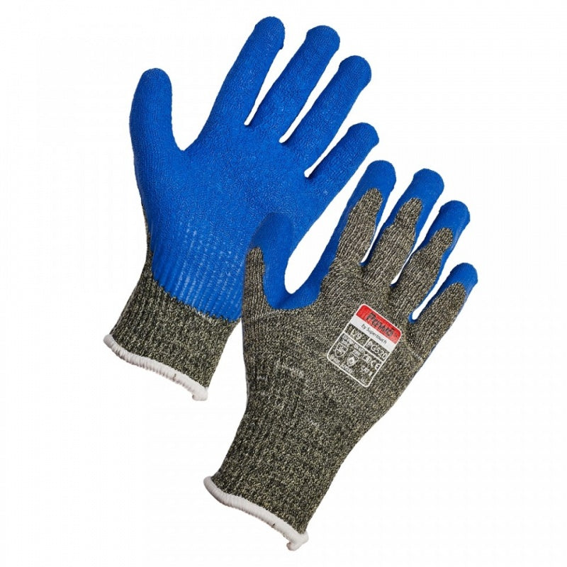 Pawa PG520 Cut Level E Kevlar Heat Resistant Gloves Size Large with blue latex coating, ideal for commercial kitchen use.