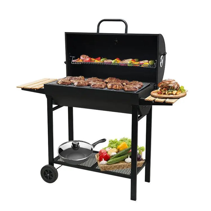 KRD BBQ charcoal grill with smoker, 116cm, metal construction, includes wooden side trays and chrome plated cooking grid.