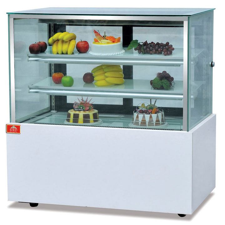 KRD Luxury 470 litres cake showcase fridge with glass display and 2 shelves, featuring fruits and cakes inside.