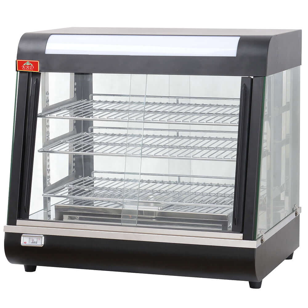 KRD Commercial Heated Showcase Food Warmer 660mm Countertop HW601 featuring glass doors and three shelves for hot food display.